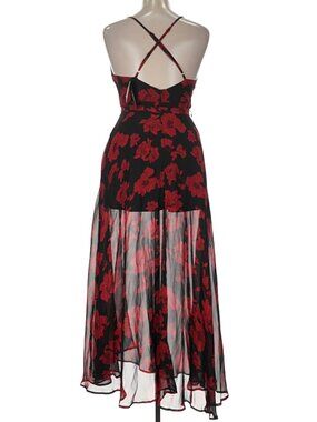 NWT Lulus Black & Red Floral High-Low Maxi Dress XL Sheer Overlay Wrap Style